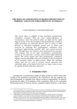 The Role of Committees in Rights Protection in Federal and State Parliaments in Australia I Introduction