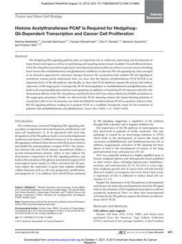 Histone Acetyltransferase PCAF Is Required for Hedgehog– Gli-Dependent Transcription and Cancer Cell Proliferation