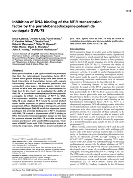 Inhibition of DNA Binding of the NF-Y Transcription Factor by the Pyrrolobenzodiazepine-Polyamide Conjugate GWL-78