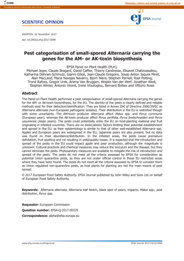 Pest Categorisation of Small‐Spored Alternaria Carrying the Genes for The