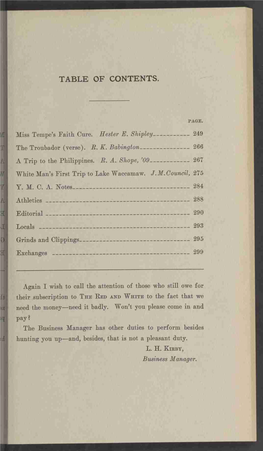 TABLE of CONTENTS. PAGE. Miss Tempe's Faith Cure. Hester E