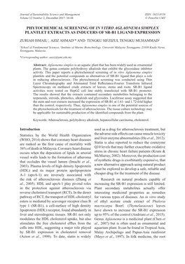 Phytochemical Screening of in Vitro Aglaonema Simplex Plantlet Extracts As Inducers of Sr-B1 Ligand Expression