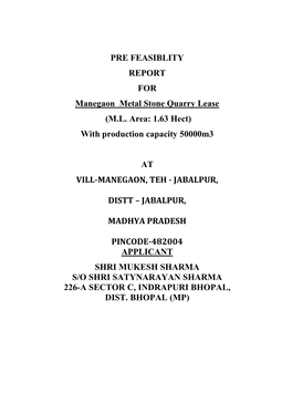 PRE FEASIBLITY REPORT for Manegaon Metal Stone Quarry Lease (M.L