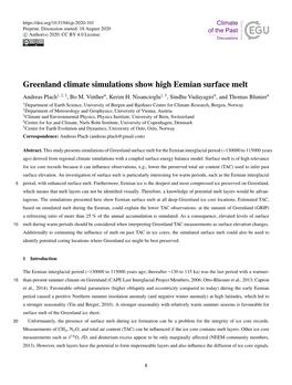 Greenland Climate Simulations Show High Eemian Surface Melt Andreas Plach1, 2, 3, Bo M