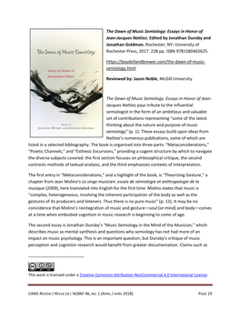 The Dawn of Music Semiology: Essays in Honor of Jean-Jacques Nattiez. Edited by Jonathan Dunsby and Jonathan Goldman. Rochester