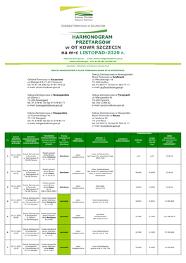 HARMONOGRAM PRZETARGÓW W OT KOWR SZCZECIN Na M-C LISTOPAD-2020 R