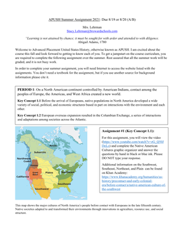 APUSH Summer Assignment 2021: Due 8/19 Or 8/20 (A/B) Assignment #1 (Key Concept 1.1): PERIOD 1: on a North American Continent C