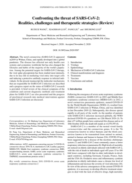 Confronting the Threat of SARS‑Cov‑2: Realities, Challenges and Therapeutic Strategies (Review)