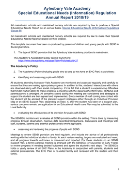 Aylesbury Vale Academy Special Educational Needs (Information) Regulation Annual Report 2018/19