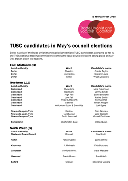 TUSC Candidates in May's Council Elections