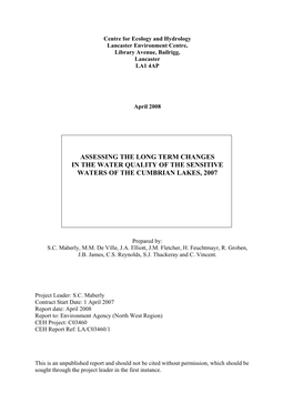 Assessing the Long Term Changes in the Water Quality of the Sensitive Waters of the Cumbrian Lakes, 2007