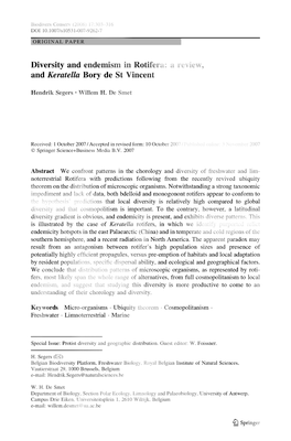 Diversity and Endemism in Rotifera: a Review, and Keratella Bory De St