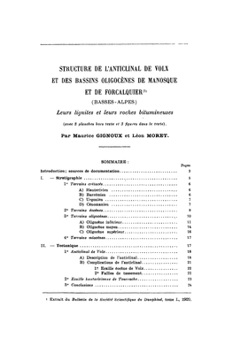 STKUCTURE DE L'anticlinal DE VOLX ET DES BASSINS OLIGOCÈNES DE MANOSQUE ET DE FORCALQUIER(1' (BASSES-ALPES) Leurs Lignites Et Leurs Roches Bitumineuses