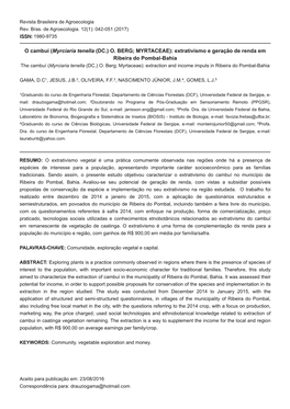 O Cambuí (Myrciaria Tenella (DC.) O. BERG; MYRTACEAE): Extrativismo E Geração De Renda Em Ribeira Do Pombal-Bahia the Cambuí (Myrciaria Tenella (DC.) O