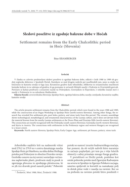 Sledovi Poselitve Iz Zgodnje Bakrene Dobe V Hočah Settlement Remains from the Early Chalcolithic Period in Hoče (Slovenia)