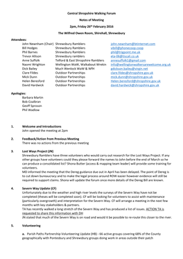 Central Shropshire Walking Forum Notes of Meeting 2Pm, Friday 26Th February 2016 the Wilfred Owen Room, Shirehall, Shrewsbury At