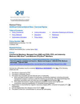 Medical Policy #585 Artificial Intervertebral Disc: Cervical Spine