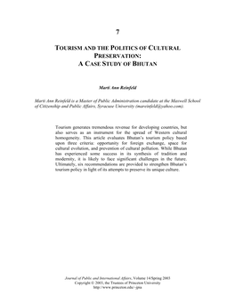 Tourism and the Politics of Cultural Preservation: a Case Study of Bhutan