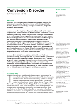 Conversion Disorder INTRODUCTION Psychiatric Settings, Affecting up to 20%Conversion of Disorder, Patients