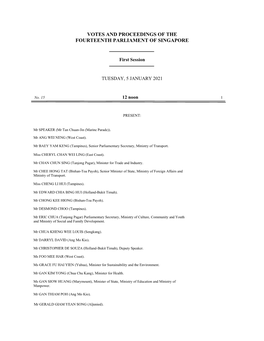 Votes and Proceedings of the Fourteenth Parliament of Singapore