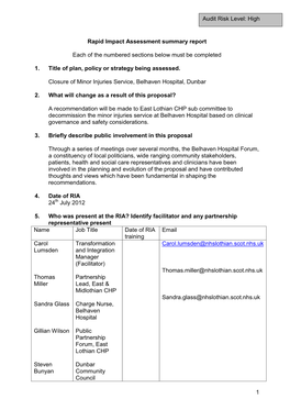 Closure of Belhaven Hospital Minor Injuries Unit RIA Jul 12