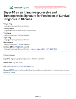 Siglec10 As an Immunosuppressive and Tumorgenesis Signature for Prediction of Survival Prognosis in Gliomas