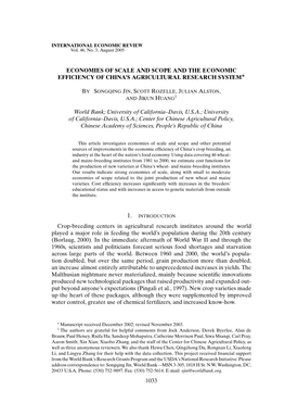 Economies of Scale and Scope and the Economic ∗ Efficiency of China’S Agricultural Research System