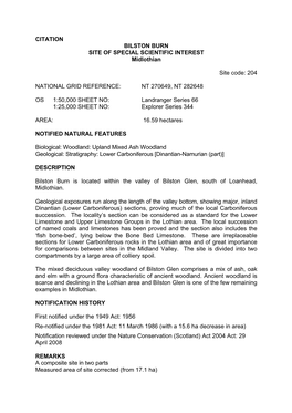 BILSTON BURN SITE of SPECIAL SCIENTIFIC INTEREST Midlothian