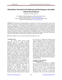 Biofertilizer Potential of Traditional and Panchagavya Amended with Seaweed Extract Sangeetha, V and Thevanathan, R*