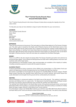 The 1St Central County Ground, Hove Ground Information Sheet