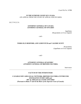 Factum of the Interveners — Bedford V. Canada