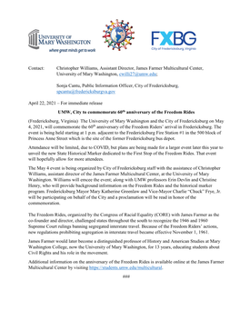 Contact: Christopher Williams, Assistant Director, James Farmer Multicultural Center, University of Mary Washington, Cwilli27@Umw.Edu;