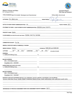 Ministry of Energy and Mines BC Geological Survey Assessment