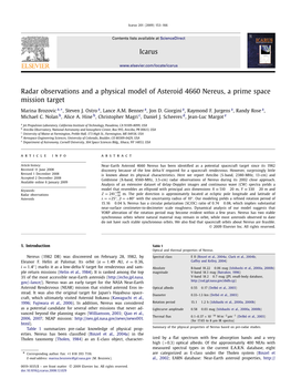 Radar Observations and a Physical Model of Asteroid 4660 Nereus, a Prime Space Mission Target ∗ Marina Brozovic A, ,Stevenj.Ostroa, Lance A.M