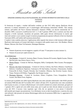 Ministero Della Salute, Risultati Dell'analisi Condotta Sui Dati 2012 Della Regione Basilicata Rilevati Attraverso Il