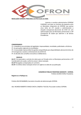 RESOLUÇÃO COFRON Nº094/2020, De 29 De Junho De 2020. Autoriza O