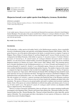 Zootaxa, Harpactea Konradi, a New Spider Species from Bulgaria