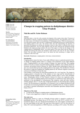 Changes in Cropping Pattern in Shahjahanpur District- Uttar Pradesh