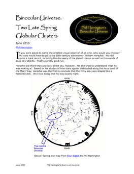 Binocular Universe: Two Late Spring Globular Clusters June 2010 Phil Harrington