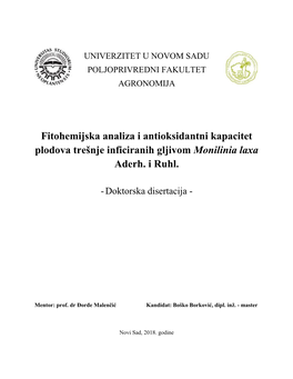 Fitohemijska Analiza I Antioksidantni Kapacitet Plodova Trešnje Inficiranih Gljivom Monilinia Laxa Aderh. I Ruhl