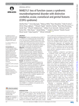 MAB21L1 Loss of Function Causes a Syndromic Neurodevelopmental Disorder with Distinctive Cerebellar, Ocular, Craniofacial and Ge