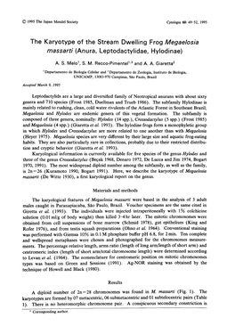 The Karyotype of the Stream Dwelling Frog Megaelosia Massarti (Anura, Leptodactylidae, Hylodinae)