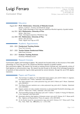 Luigi Ferraro Lubbock, TX 79409 Oﬃce: Weeks Hall 348 B Lferraro@Ttu.Edu Curriculum Vitae Í