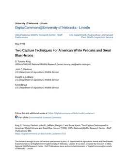 Two Capture Techniques for American White Pelicans and Great Blue Herons