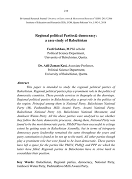 Regional Political Parties& Democracy: a Case Study of Balochistan