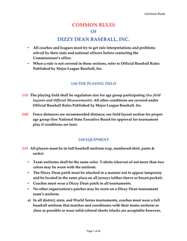 Common Rules Dizzy Dean Baseball, Inc