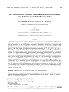 High Temporal Rainfall Estimations from Himawari-8 Multiband Observations Using the Random-Forest Machine-Learning Method