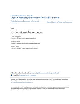 Parafermion Stabilizer Codes Utkan Güngördü University of Nebraska-Lincoln, Ugungordu@Unl.Edu