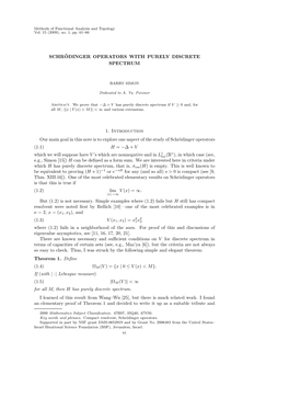 Schr¨Odinger Operators with Purely Discrete Spectrum 1