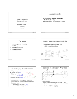 Announcements the Course Equation of Perspective Projection